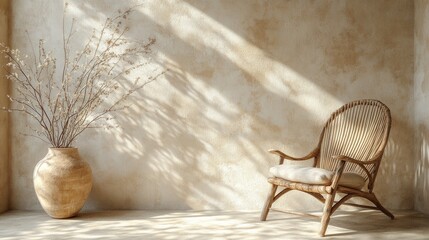 Cozy minimalist room with wicker chair and sunlit branches in beige textured vase
