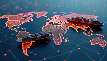 Global cargo ships sail across world map. International transport system on surface of earth. Modern freight vessel with containers. Global import and export industry. Global trade. Shipping business.