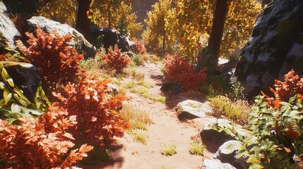 Autumn path winding through a golden forest with rust-colored bushes and rocks