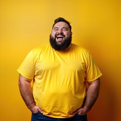 Obraz premium Overweight man laughs heartily against bright yellow backdrop. Bearded man in yellow t-shirt expresses joy, confidence. Studio shot captures positive body image. Man stands confidently. Cheerful