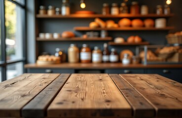 Empty wooden table in front of blurred bakery background. Blank countertop for advertising products. Interior scene in cafe shop. Great for product placement. Rustic wood surface with visible grains.