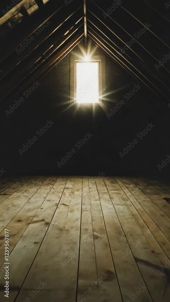 Poster light streaming through a window illuminates an empty attic space with wooden floorboards