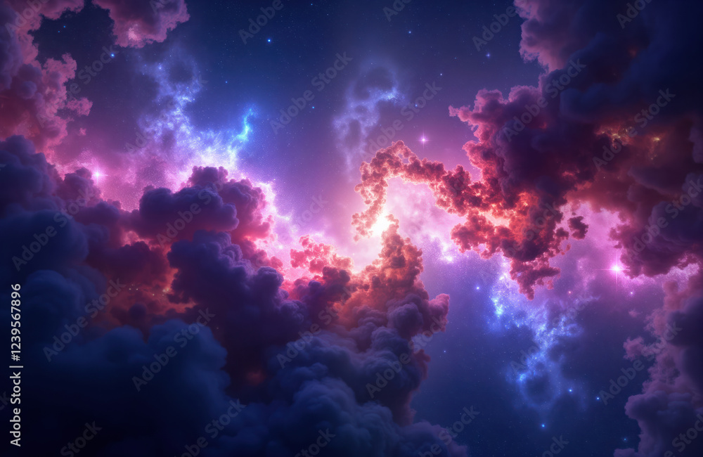 Poster fantasy space scene shows vibrant nebula clouds. cosmic clouds of deep purple dark blue, pink glow b