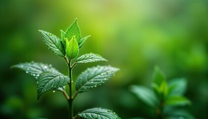 Fresh green leaves with water droplets on. Soft focus on leaves in front of blurred plants. Young plant. Perfect photo for nature concept. Suitable for eco products spring time. Ideal for social