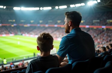 Father, son watch soccer match in stadium. They are seated in stands, focused on game on field. Large crowd of spectators is in stadium. Scene suggests family leisure, enjoyment of sporting event.
