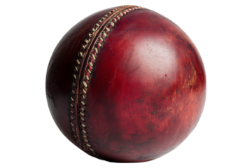 Classic red cricket ball with detailed seam stitching. With glossy leather texture and worn appearance. Isolated, AI generated.  .