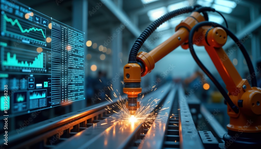 Poster Automated robotic arm skillfully welds steel components in factory. Sparks illuminate manufacturing floor as arm precisely performs tasks. Modern tech, industrial automation showcased. Production