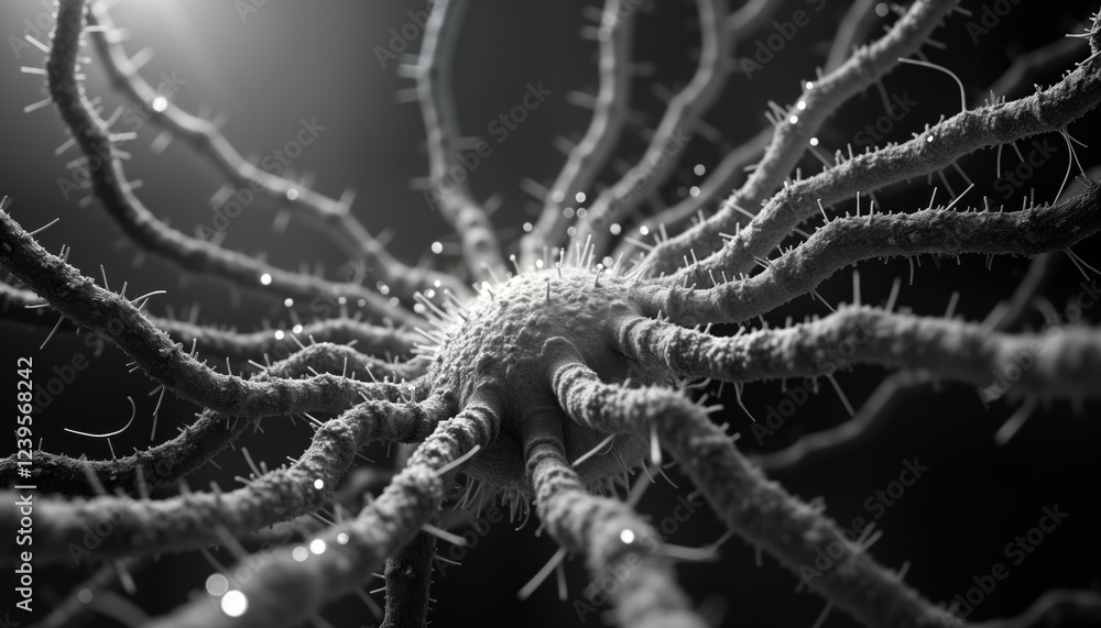Poster Intricate monochrome structure displays complex organic fiber network. Abstract design with organic shapes. Detailed fiber connections form intricate pattern. Close-up view. Suitable for science,