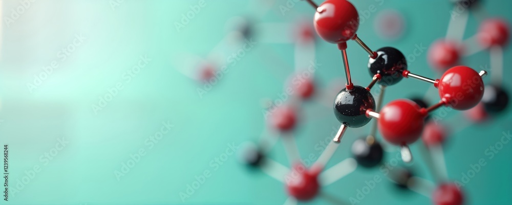 Poster Futuristic molecular visualization of holographic chemical compound. Dynamic model shows inorganic chemistry insights. Interactive simulation displays futuristic compound transformations. Dynamic