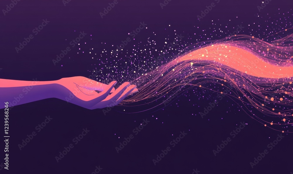 Poster a person holding out their hand with digital connections, symbolizing the idea of connecting and int