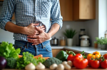 Man suffers stomach ache after eating vegetables in kitchen. Holds belly with pained expression. Fresh vegetables on table. Indoor setting. Possible food intolerance digestive issue. Unhealthy