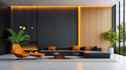 Modern living room, orange accents,  large window, forest view, interior design