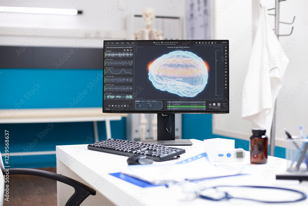 Poster clinic office with desktop pc displaying brain imaging and scans emphasizing on technology for neuro