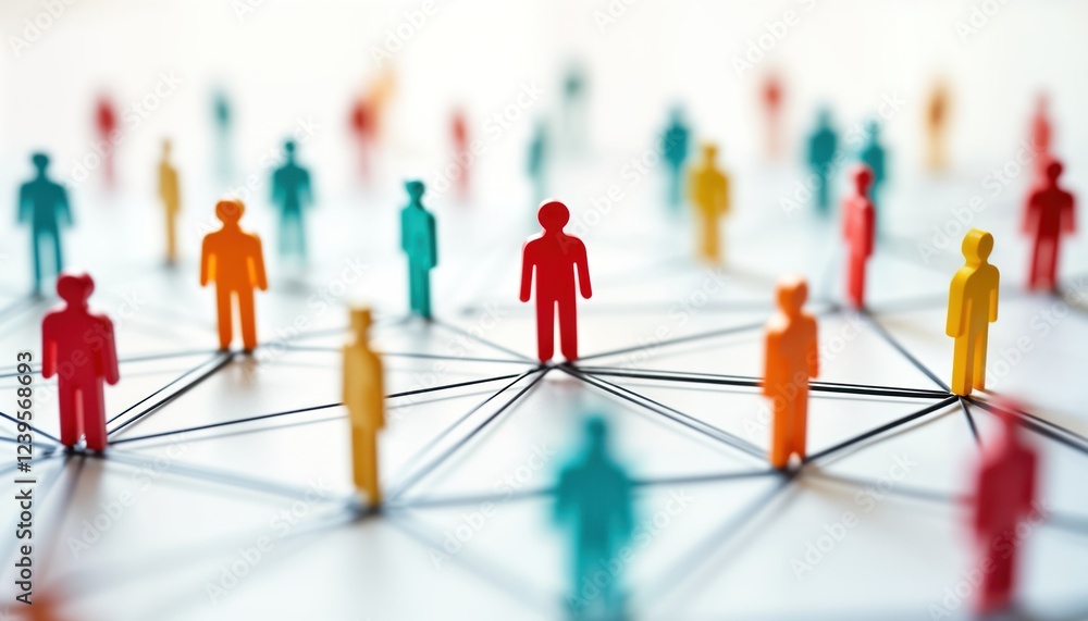 Poster Colorful figures connect in dynamic network. Social connections, networking shown abstractly. Central figure links others in complex structure. Concept image global connections. Light, bright