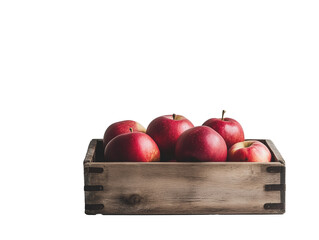 Fresh, juicy ripe red apples lying in a wooden box, isolated on a white background 