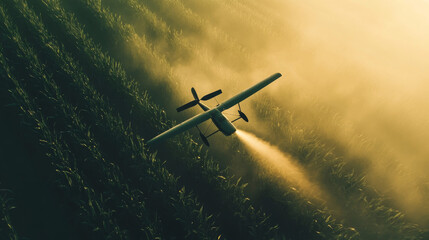 Fototapeta premium Aerial Precision: Agriculture Drone Spraying Fertilizer Over Lush Sweet Corn Fields
