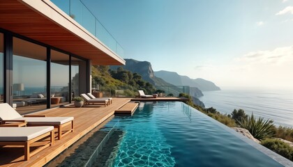 Fototapeta premium Luxury house with ocean view patio. Infinity pool and wooden deck. Relaxing vacation spot overlooking beautiful coastline. Stylish modern architecture. Stunning scenery. Summer holiday destination.