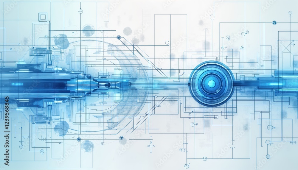 Fototapete Abstract tech design shows futuristic tech elements. Blueprints style integrated tech system. Innovation, tech central. Circular shapes, lines visible in graphic format. Modern design for industrial