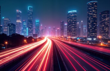 Obraz premium Modern metropolis at night. Fast moving vehicles leave light trails on highway. Skyscrapers glow with neon lights. Futuristic cityscape shows vibrant tech, speed. High tech city landscape full of