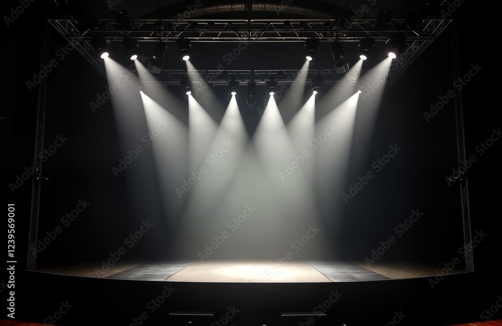 Aufkleber empty concert stage illuminated by spotlights. bright lights create dramatic effect in dark room. st