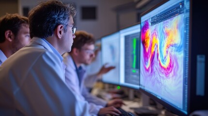 A medium closeup of researchers in lab coats gathered around a computer console intensely analyzing data on a large screen displaying realtime simulations of plasma behavior highlighting