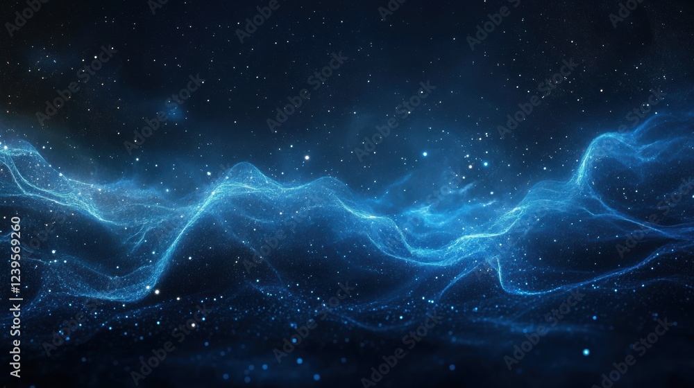 Wall mural mystical cosmic waves in space: glowing blue patterns amidst twinkling stars
