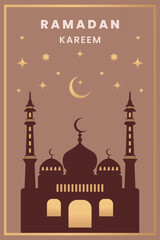 Ramadan Kareem poster concept, mosque in golden frame. Ramadan greeting card.