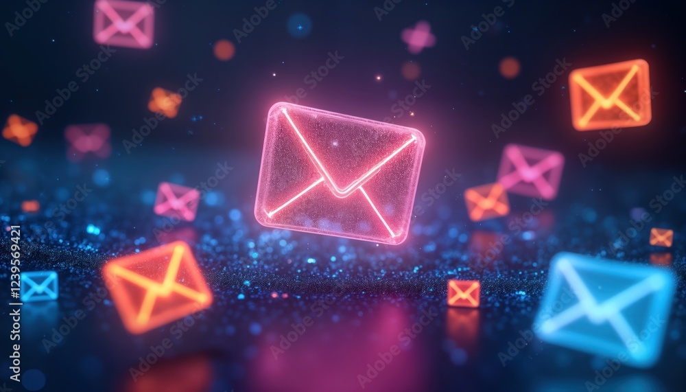 Poster Email marketing concept. Abstract glowing email symbols float in air. Electronic mail communication. Modern tech. Digital message. Online marketing. Newsletter design. Virtual communication concept.