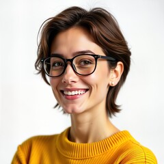 Obraz premium Cheerful woman smiles warmly wearing stylish glasses, yellow sweater. Studio portrait captures positive energy. Fashionable attire suggests modern style. Image perfect for business, student