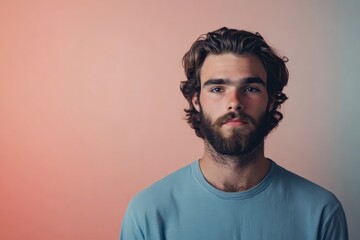 Fototapeta premium Portrait of a Young Man with Beard Against a Soft Color Background