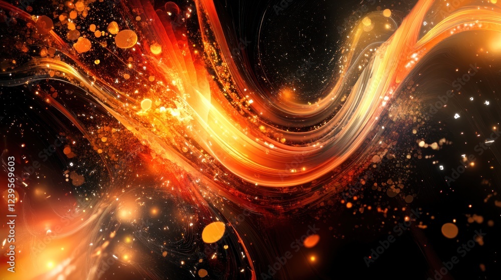 Poster abstract fiery cosmic background with dynamic glowing elements and particles