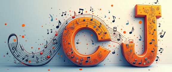 A dynamic composition featuring bold, orange letters C and J intertwined with flowing musical notes creates an energetic vibe. This lively scene bursts with creativity, inviting viewers to immerse