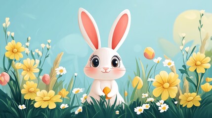Fototapeta premium Cute cartoon bunny in a spring meadow surrounded by colorful flowers and sunny sky