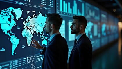 Two businesspeople analyze large digital map of threats. Look at live global threat map displayed on huge screen. Tech experts strategize about security issues. Modern visualization of tech data used