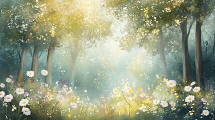 Fototapeta premium Enchanted forest glade with daisies and sun rays peeking through the trees