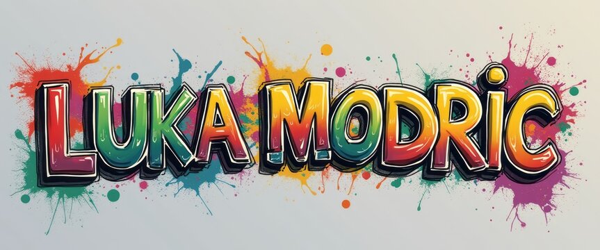 This vibrant graffiti artwork showcases the name Luka Modric in bold, playful letters, surrounded by splashes of bright colors. The energetic design captures the spirit of creativity and urban culture