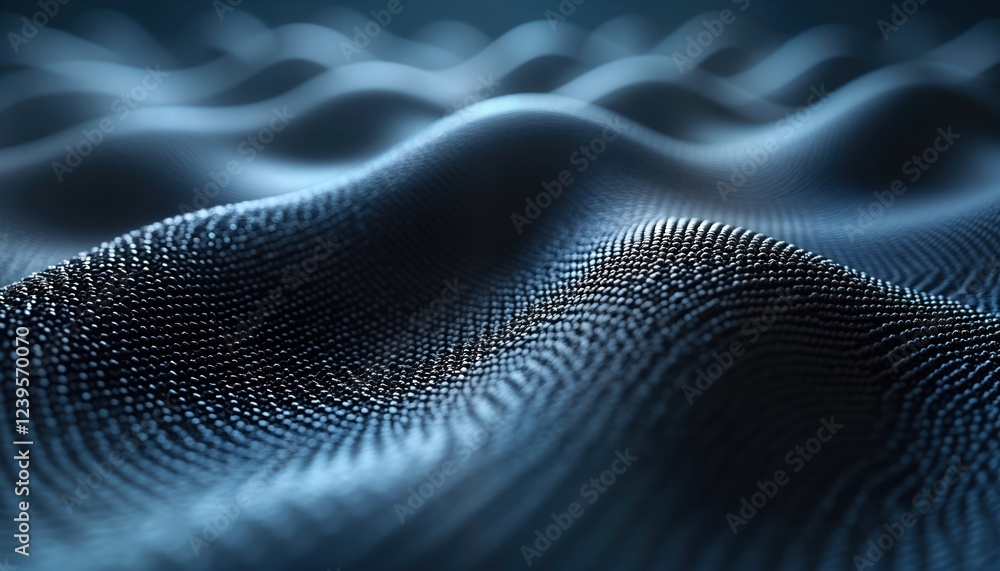 Poster Abstract wave structure made of metallic hexagonal mesh. Futuristic nano tech pattern. Graphene molecular lattice. 3D render. Molecular structure. Complex atomic design. Scientific illustration.