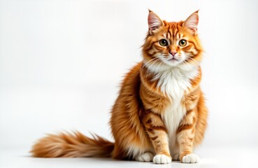 Obraz premium Adorable ginger cat sits on white background. Cute pet looks directly at camera. Fluffy fur, striking orange tabby color. Studio shot captures charming domestic animal. Perfect for pet lovers, animal