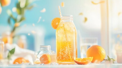 Orange juice in a bottle, chilled and cooled down to cool down.