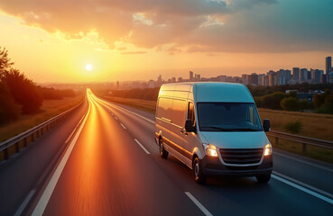 Obraz premium Van travels interstate highway at sunset. Cityscape in background. Fast transport logistic business concept. Sunbeams on road show speed, efficiency. Modern transport. Eco friendly vehicle. Future of