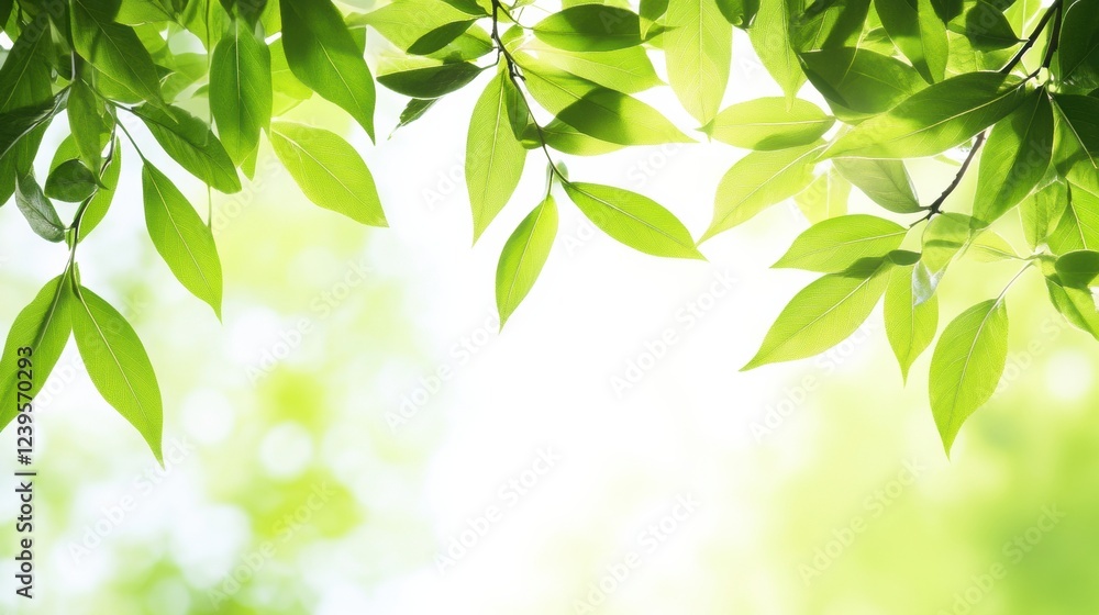 Poster Sunlight filters through green leaves in a serene forest setting during a calm morning. Generative AI