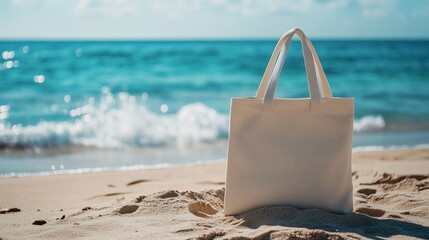 A plain fabric tote bag on a sandy beach