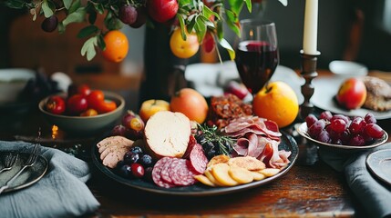 An elegant spread of assorted meats, cheeses, fruits, and wine, beautifully arranged on a wooden table, creating a warm and inviting atmosphere.