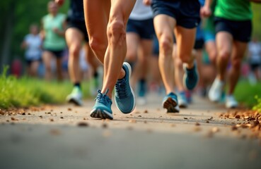 Group of people run in charity race. Runners wear athletic shoes. Community support evident. Event focuses on hunger relief. Participants enjoy summer outdoor activity. People exercising together.