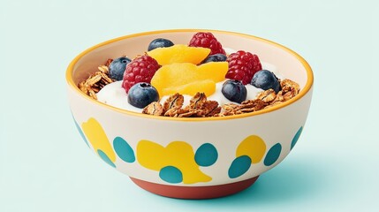 A vibrant bowl of yogurt topped with granola, fresh berries, and mango, set against a soft pastel background.