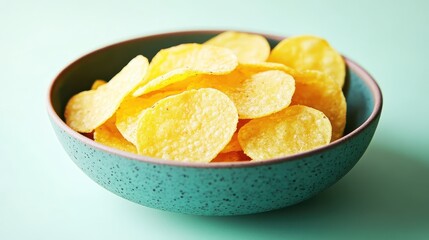 A bowl filled with crispy, golden potato chips rests on a light turquoise surface, inviting snack lovers to indulge.