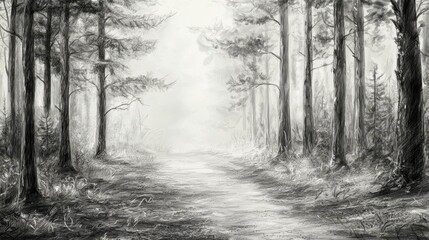A dreamy forest pathway framed by towering pines and shrouded in silver mist, pencil sketch style, intricate shading, serene and contemplative