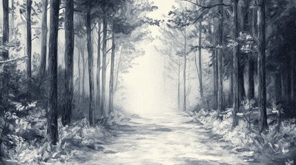 A dreamy forest pathway framed by towering pines and shrouded in silver mist, pencil sketch style, intricate shading, serene and contemplative
