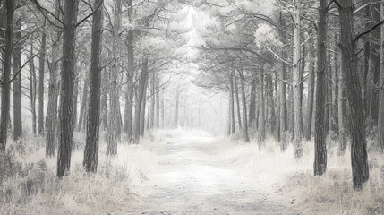 A dreamy forest pathway framed by towering pines and shrouded in silver mist, pencil sketch style, intricate shading, serene and contemplative