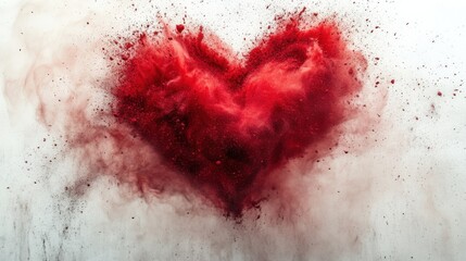 Explosive red heart painted with powder on white wall capturing emotion and motion